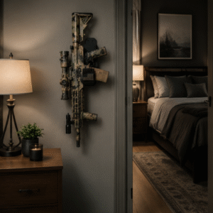 AR-15 wall mount installed in a home hallway beside a bedroom doorway, featuring the FLAG-01 American flag design from the Hidden Home Defense collection.